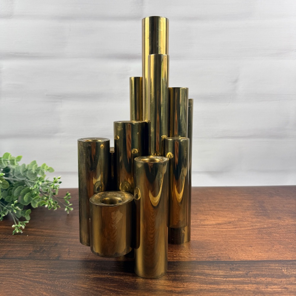 Gio Ponti Brass Brutalist Sculptural 9 Light Candleholder Italian Modern